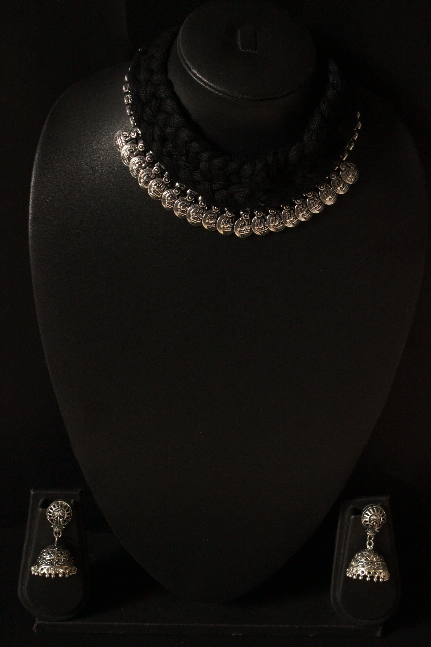 Black Thread Braided Coin Embellishments Choker Necklace Set with Jhumka Earrings