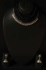 Black Thread Braided Coin Embellishments Choker Necklace Set with Jhumka Earrings