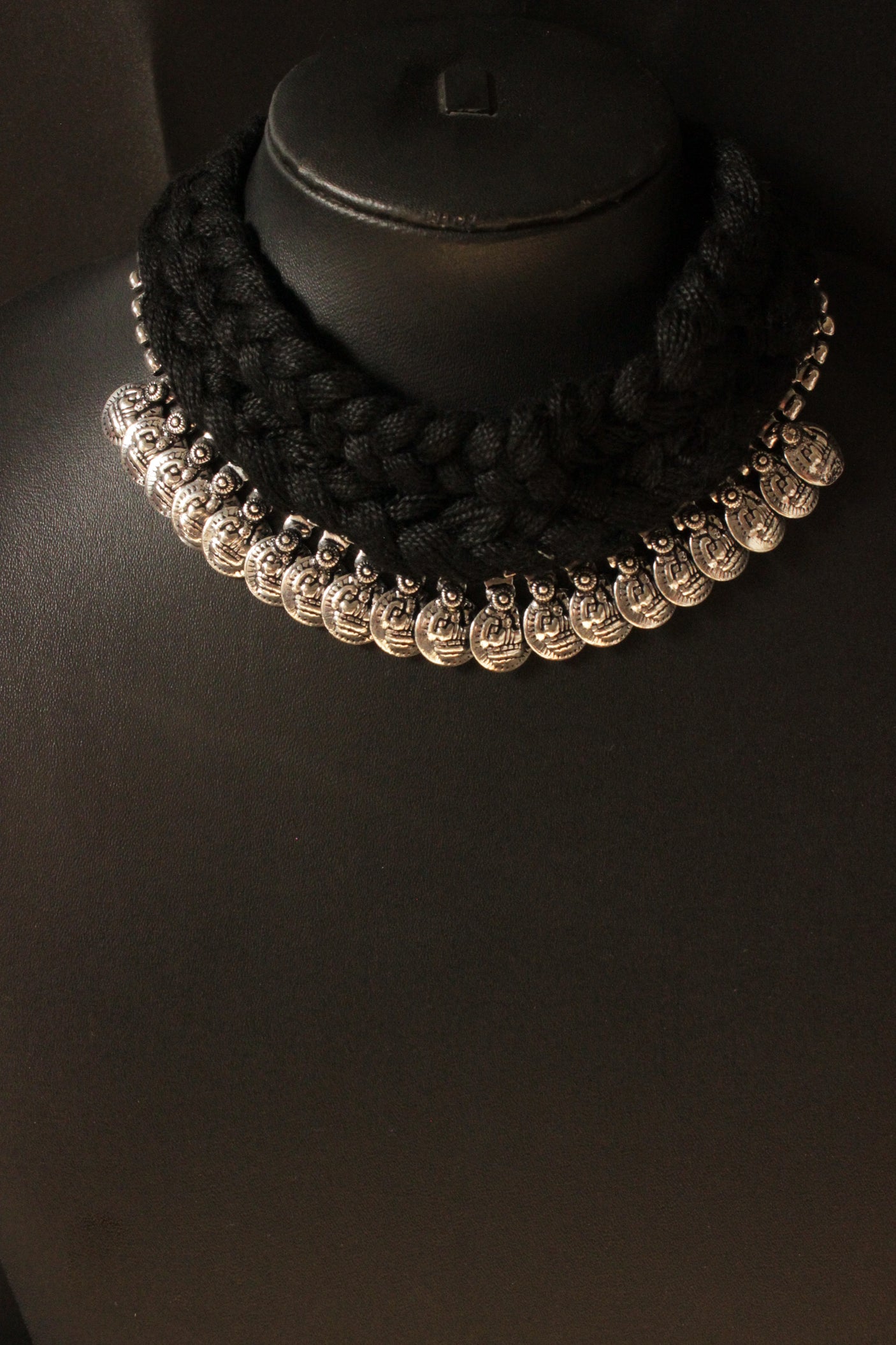 Black Thread Braided Coin Embellishments Choker Necklace Set with Jhumka Earrings