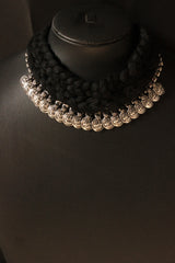 Black Thread Braided Coin Embellishments Choker Necklace Set with Jhumka Earrings