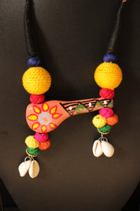 Hand Painted Sitar Pendant Necklace Set embellished with Fabric Beads and Shells