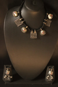Square and Dome Shaped Metal Embellishments Oxidised Finish Adjustable Length Choker Necklace Set