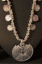 Load image into Gallery viewer, Metal Stamped Coins and Ghungroo Beads Embellished Silver Finish Long Necklace
