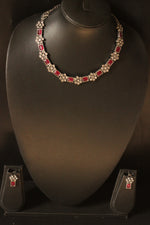 Load image into Gallery viewer, Pink Glass Stones Embedded Petite Silver Finish Necklace Set
