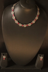 Pink Glass Stones Embedded Petite Silver Finish Necklace Set