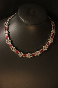 Pink Glass Stones Embedded Petite Silver Finish Necklace Set