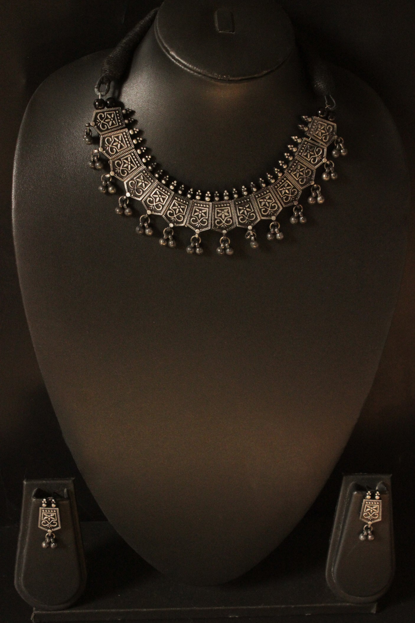 Oxidised Finish Ghungroo Beads Embellished Adjustable Thread Choker Necklace Set