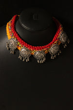 Load image into Gallery viewer, Hand Braided Multi-Color Threads Silver Finish Metal Charms Choker Necklace Set
