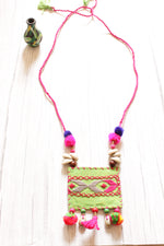 Load image into Gallery viewer, Vibrant Green and Pink Cross-Stitch Handcrafted Necklace Accentuated with Shells

