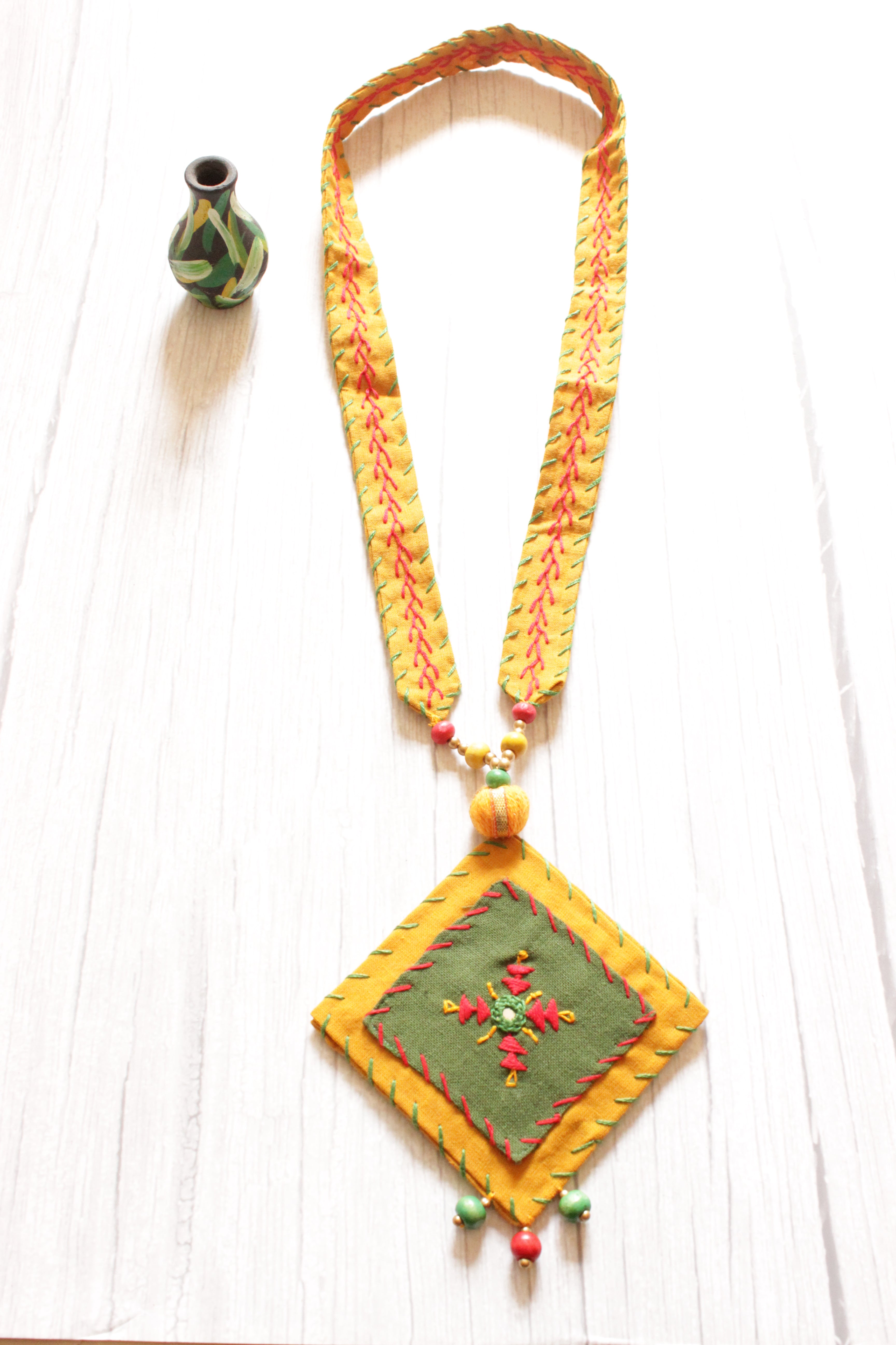 Earthy Yellow and Green Kantha Work Handcrafted Collar Necklace