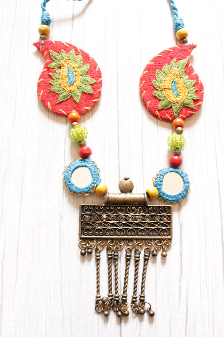Handcrafted Thread Work Fabric Necklace with A Statement Metal Pendant