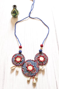 Ajrakh Fabric Cross-Stitched Handcrafted Mirror and Shell Work Necklace