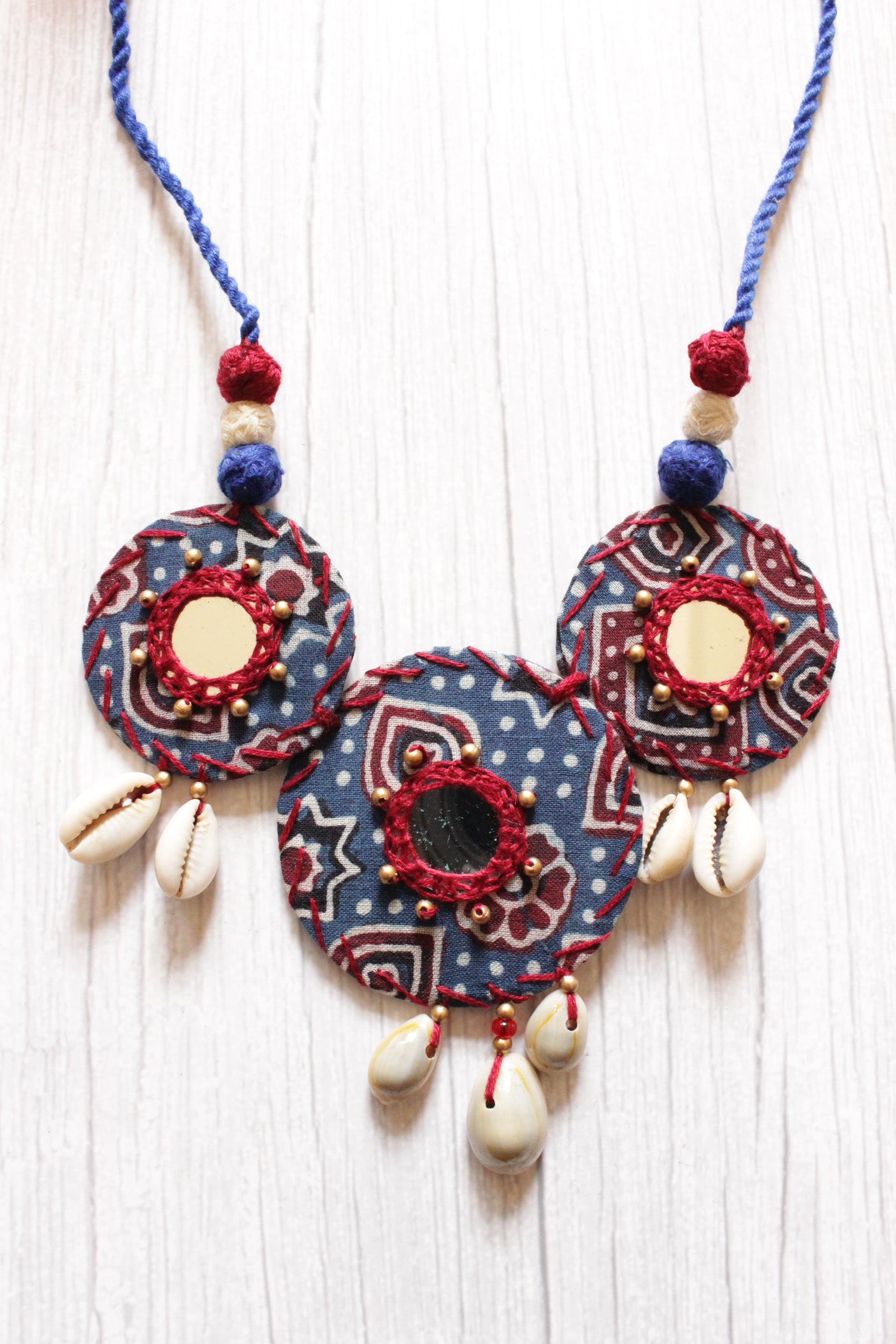 Ajrakh Fabric Cross-Stitched Handcrafted Mirror and Shell Work Necklace