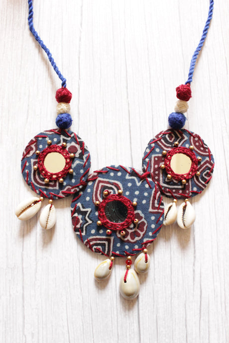 Ajrakh Fabric Cross-Stitched Handcrafted Mirror and Shell Work Necklace