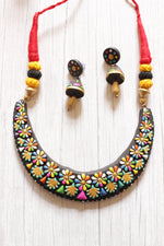 Load image into Gallery viewer, Black and Multi-Color Hand-Painted Flower Motifs Terracotta Clay Adjustable Length Choker Necklace Set
