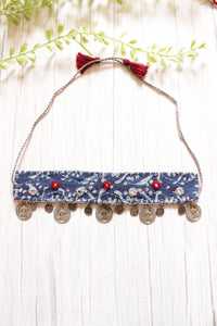 Bagru Printed Natural Dyed Indigo Fabric Choker Necklace Embellished with Stamped Metal Charms