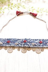 Bagru Printed Natural Dyed Indigo Fabric Choker Necklace Embellished with Stamped Metal Charms