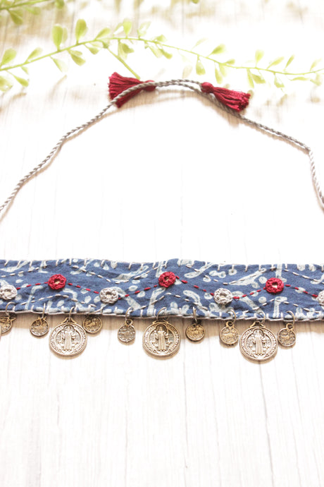 Bagru Printed Natural Dyed Indigo Fabric Choker Necklace Embellished with Stamped Metal Charms