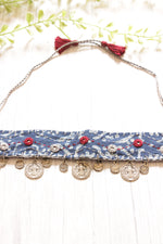 Load image into Gallery viewer, Bagru Printed Natural Dyed Indigo Fabric Choker Necklace Embellished with Stamped Metal Charms
