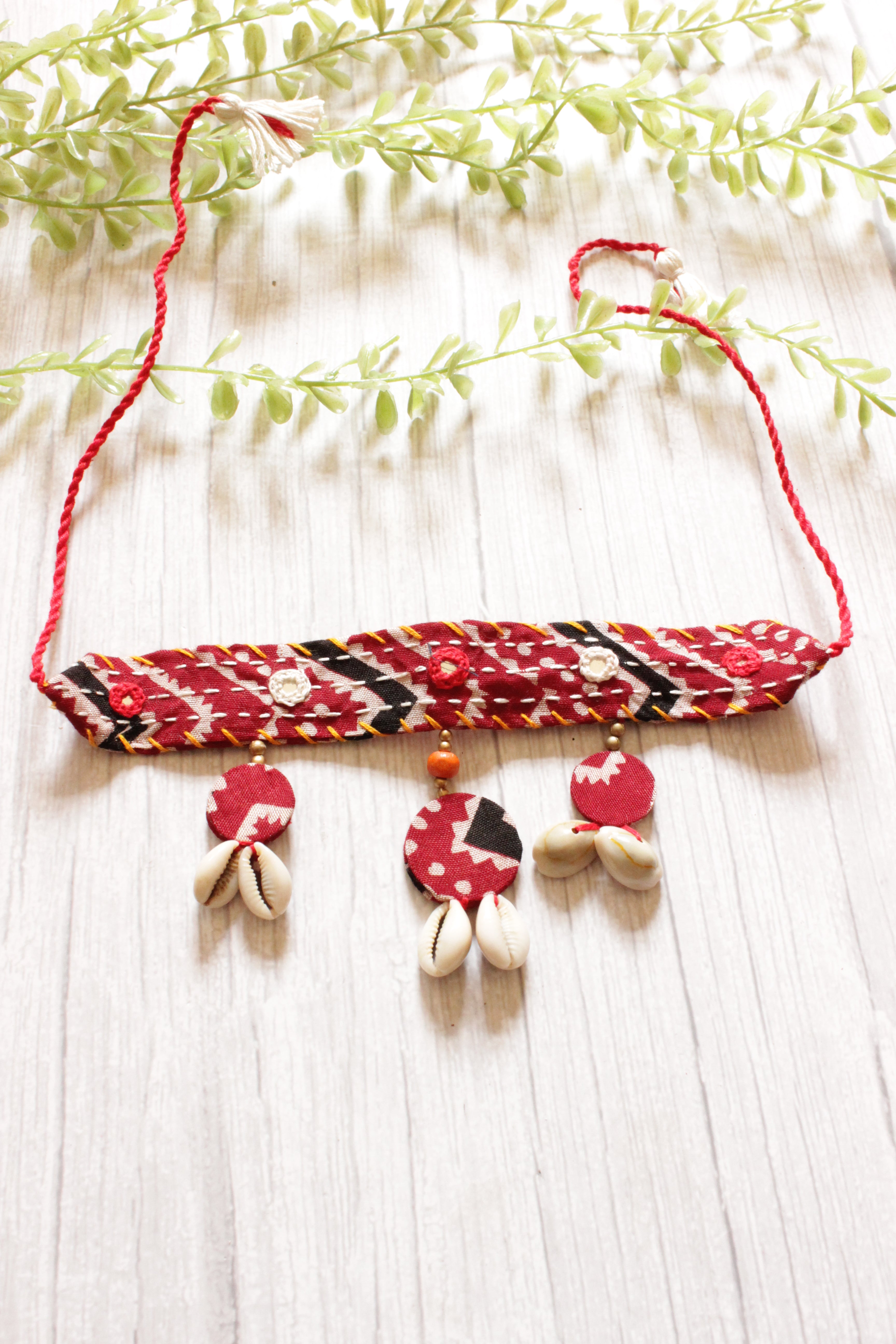 Red and White Kantha Work Handcrafted Fabric Choker Necklace