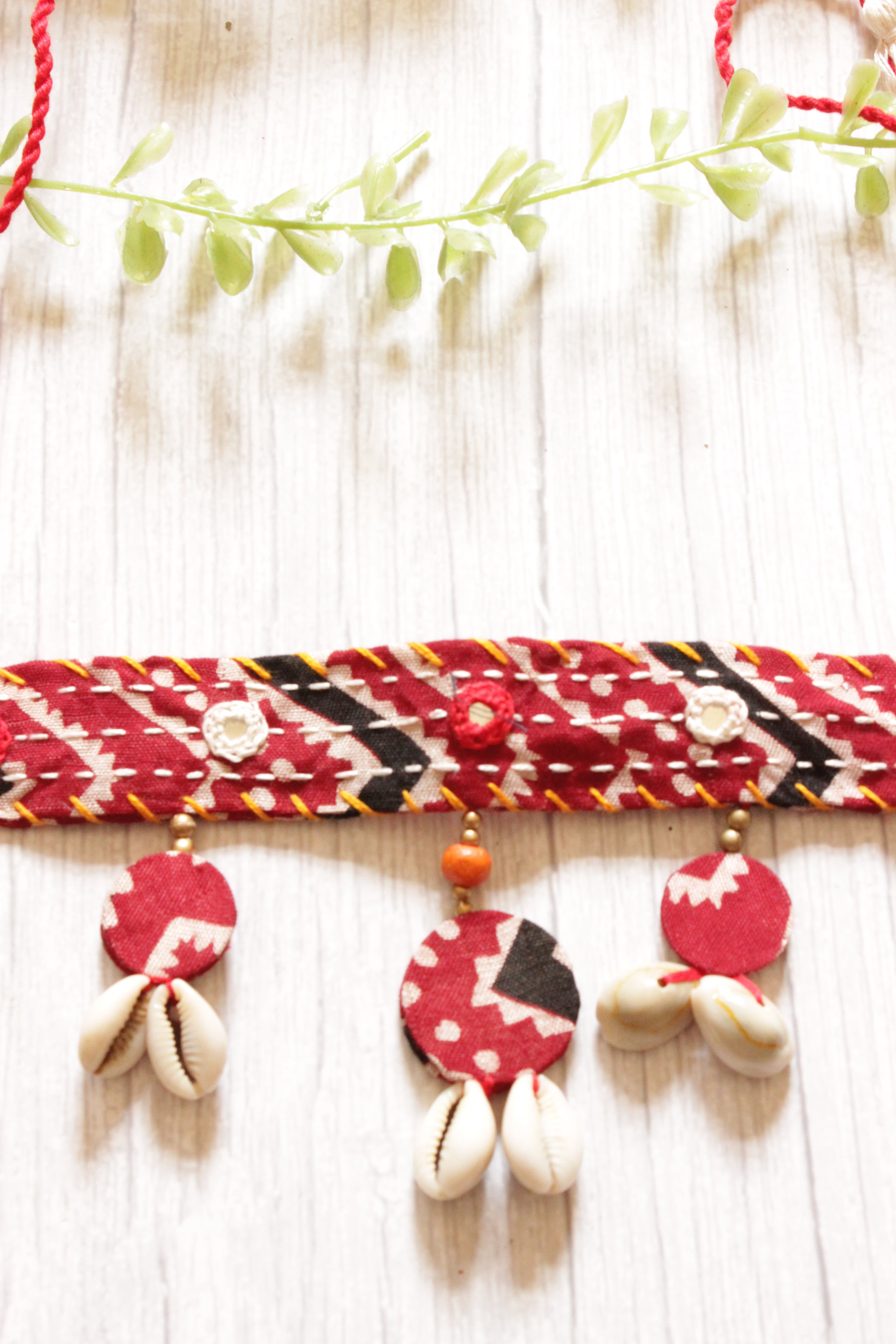 Red and White Kantha Work Handcrafted Fabric Choker Necklace