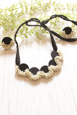Load image into Gallery viewer, Black Fabric Choker Necklace Set with Stud Earrings Embellished with White Festive Beads
