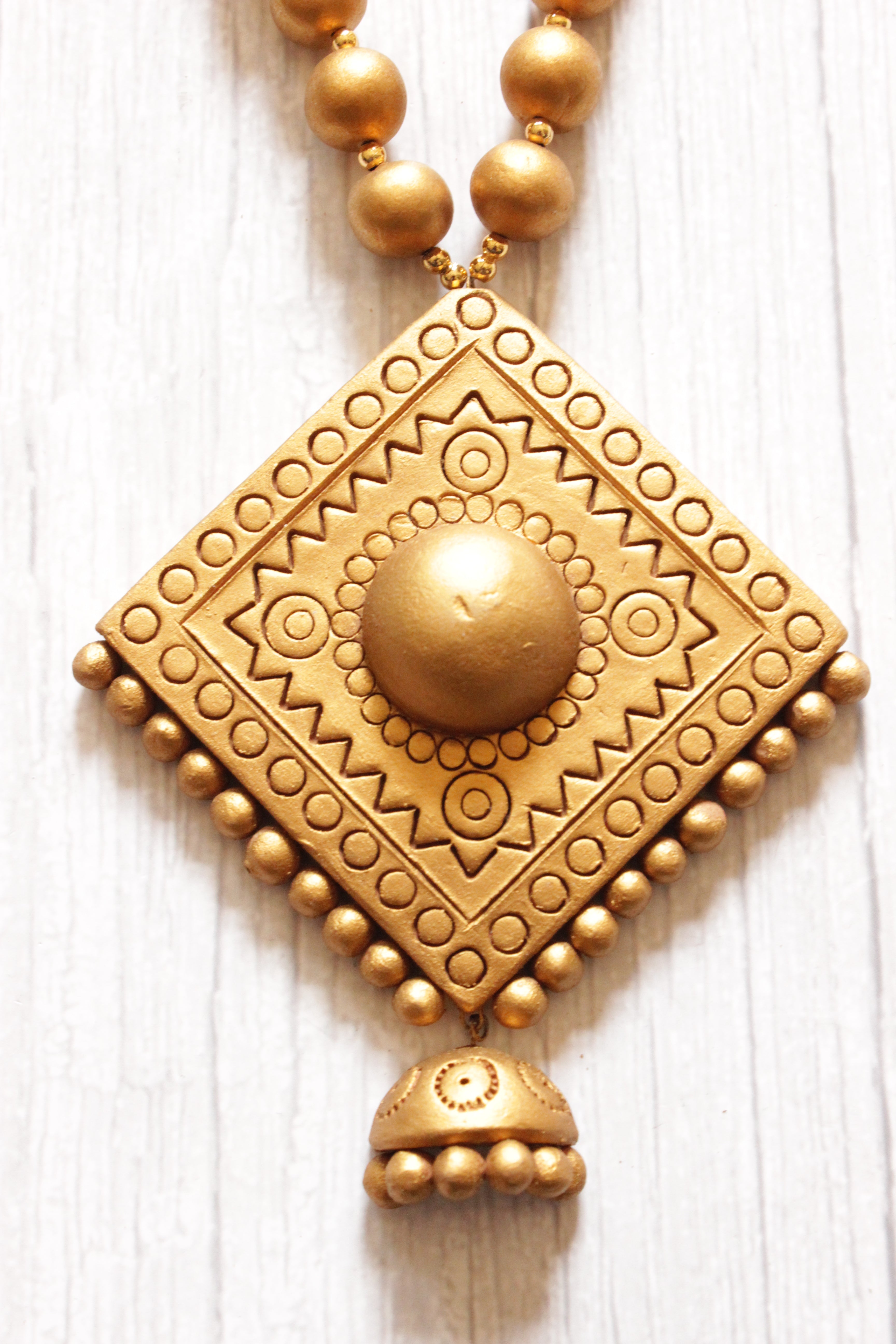 Golden Handcrafted Terracotta Clay Adjustable Length Jhumka Necklace Set