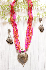 Load image into Gallery viewer, Pink and Orange Beads Hand Beaded Necklace Set with Jhumka Earrings
