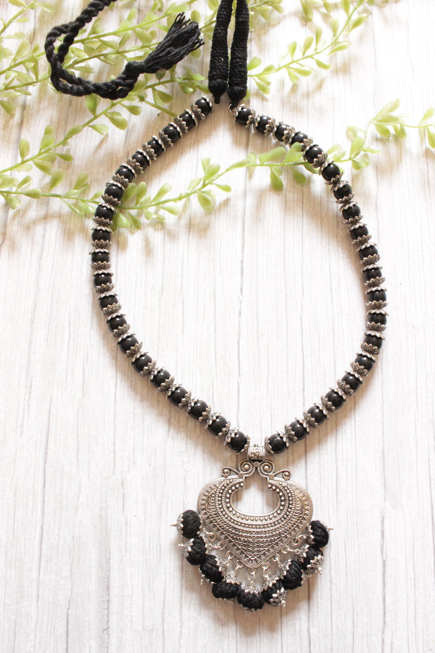 Black Fabric and Wooden Paan Shaped Pendant Long Necklace