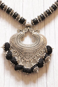 Black Fabric and Wooden Paan Shaped Pendant Long Necklace