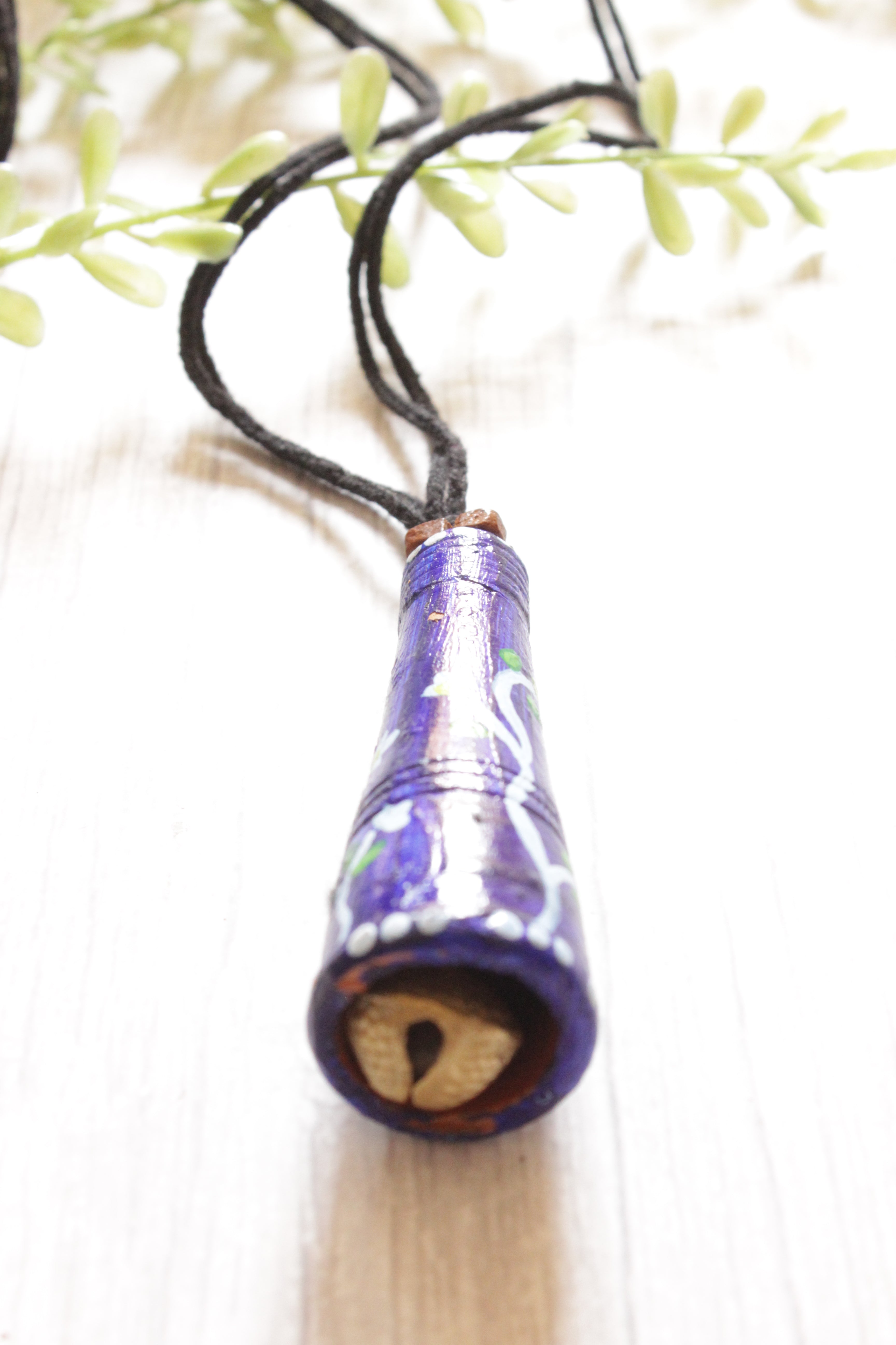 Violet Hand Painted Flower Motifs Rope Closure Terracotta Clay Necklace