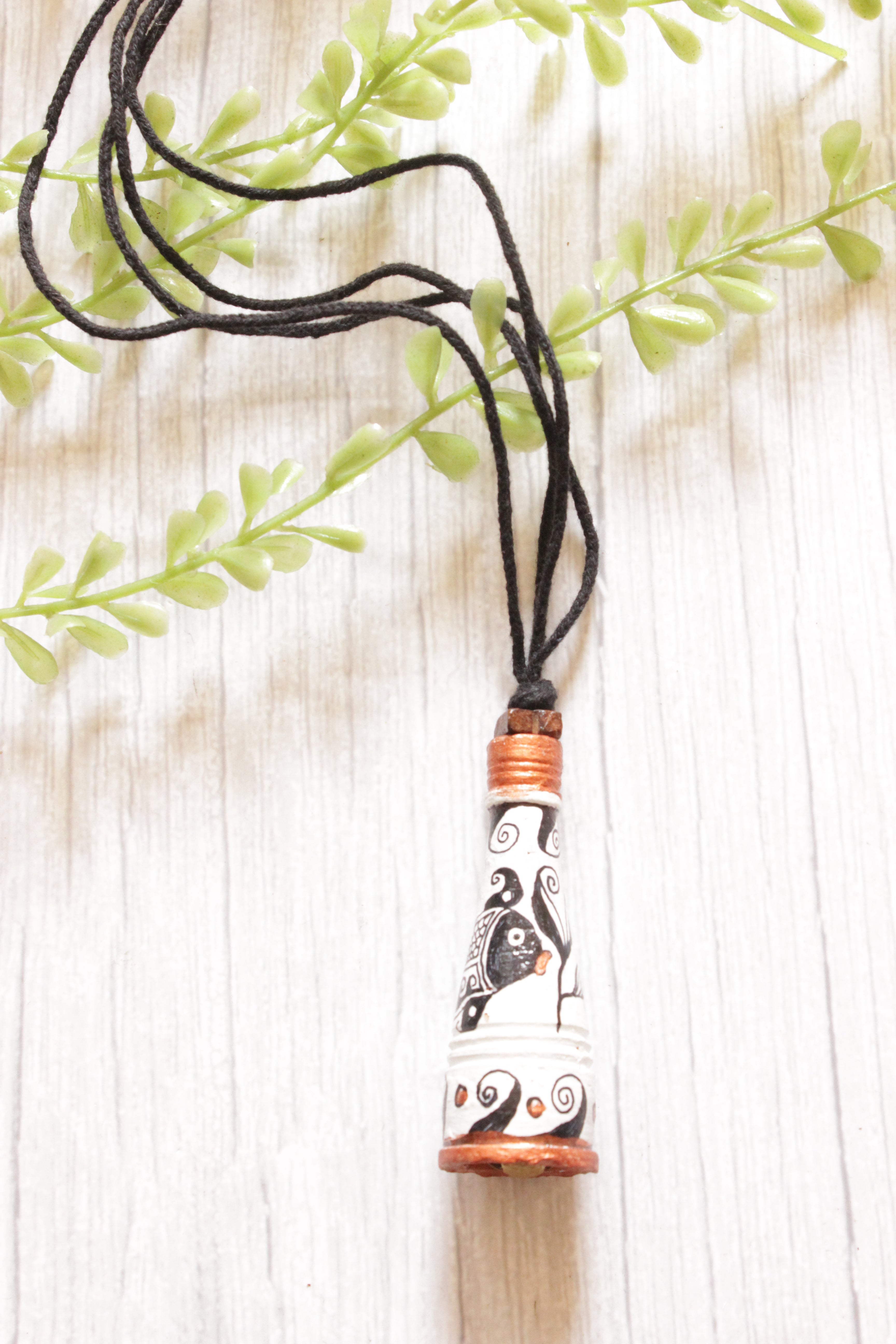 White and Black Hand Painted Bird Motifs Rope Closure Terracotta Clay Necklace
