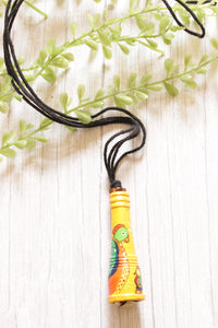 Yellow Hand Painted Bird Motifs Rope Closure Terracotta Clay Necklace