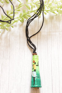 Shades of Green Hand Painted Bird Motifs Rope Closure Terracotta Clay Necklace