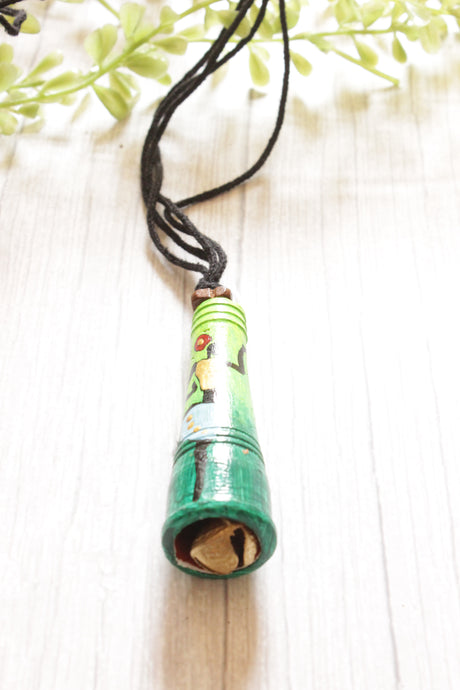 Shades of Green Hand Painted Bird Motifs Rope Closure Terracotta Clay Necklace