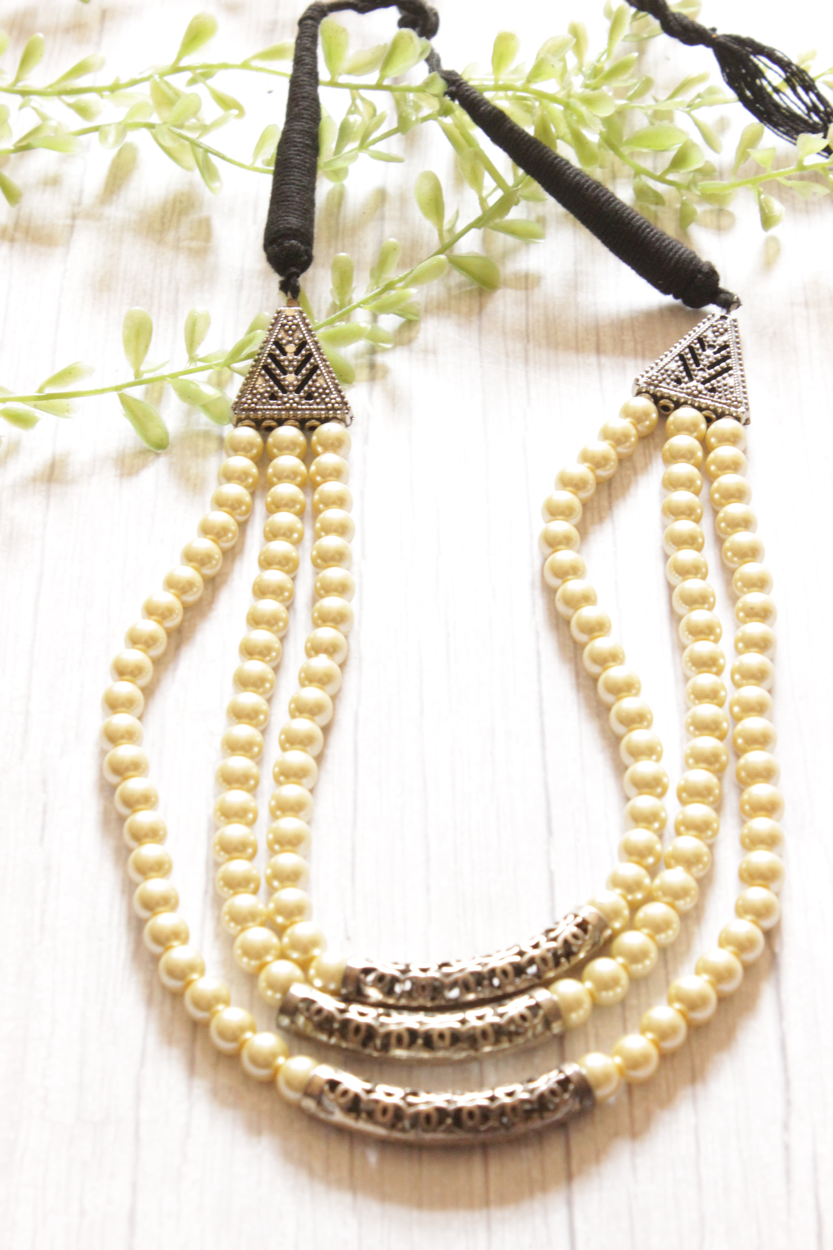 Ivory Beads Hasli Style 3 Layer Necklace with Adjustable Rope Closure