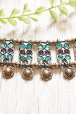Load image into Gallery viewer, Blue Rhinestones Embedded Metal Choker Necklace Embellished with Flower Metal Accents
