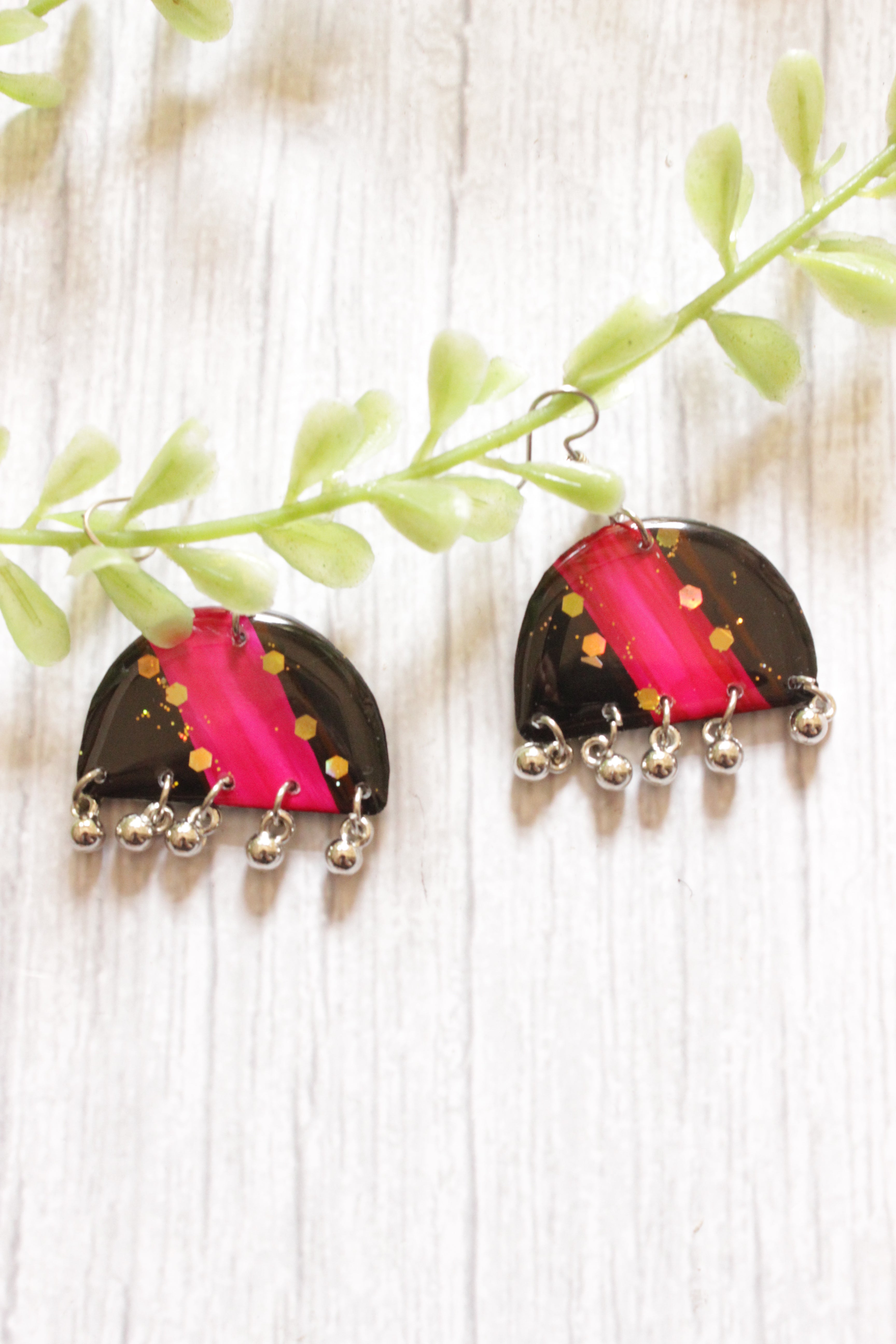 Dome Shaped Black and Pink Hand Painted Resin Earrings