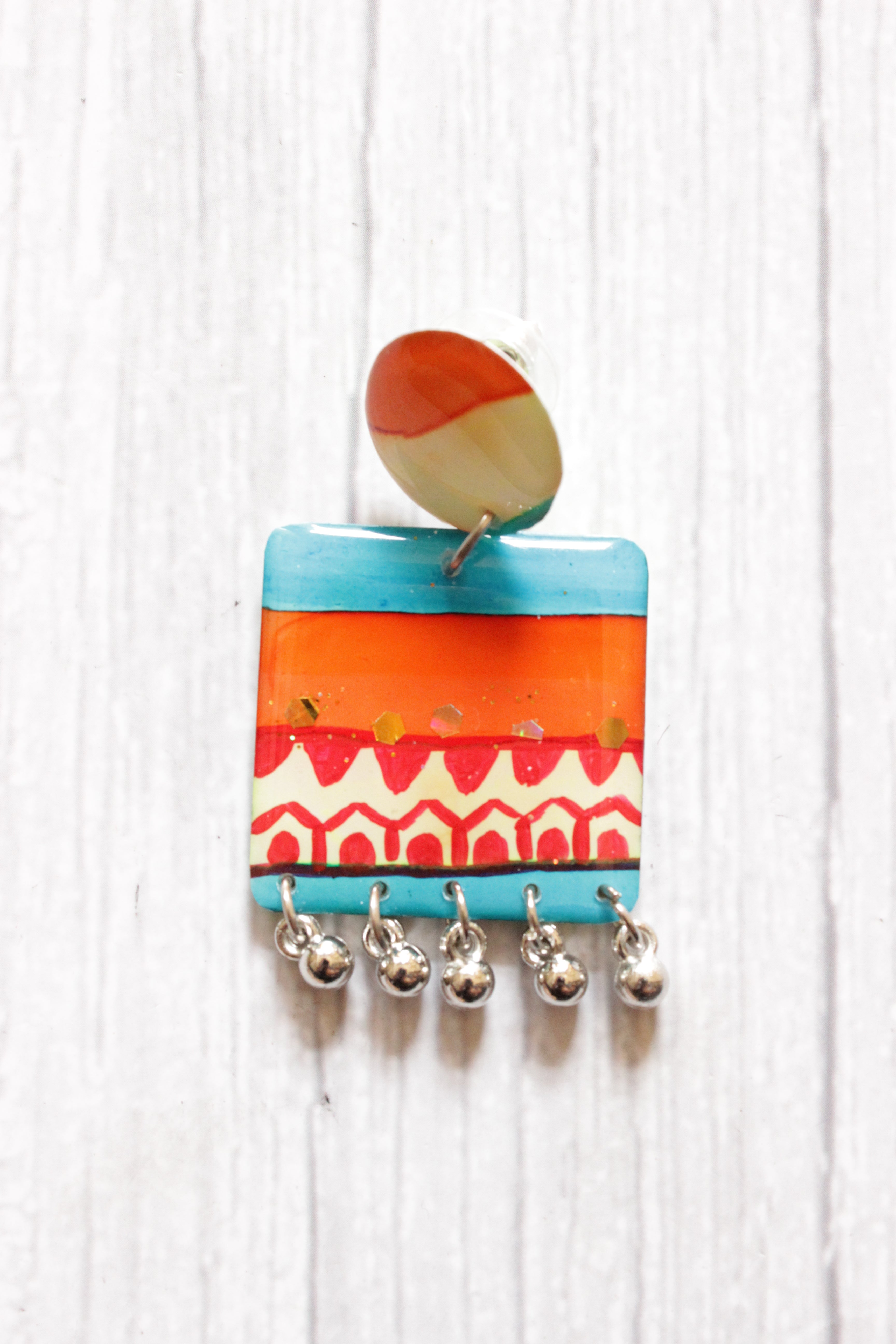 Vibrant Sky Blue and Orange Hand Painted Resin Earrings