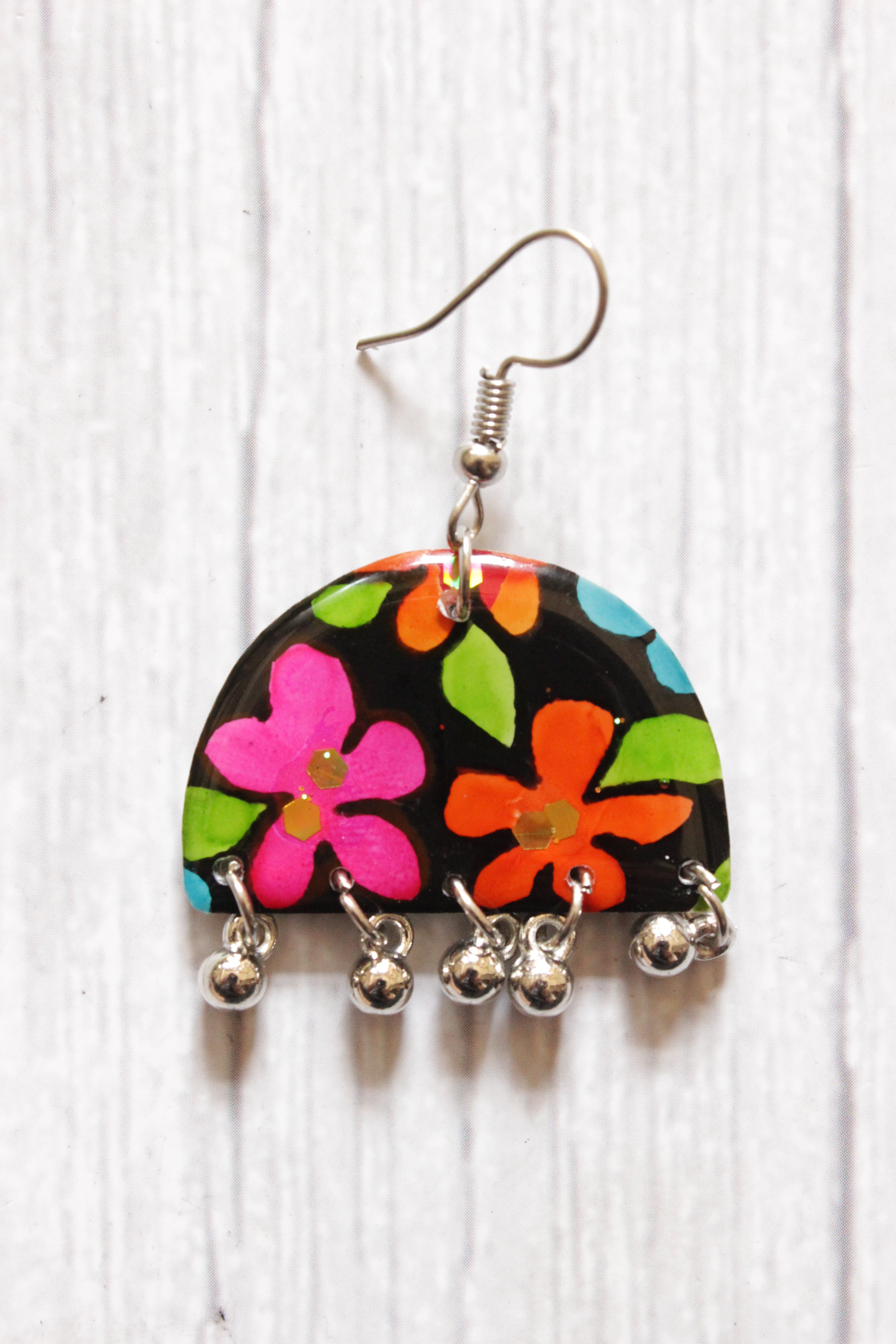 Black and Multi-Color Flower Motifs Hand Painted Resin Earrings
