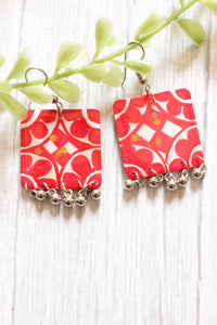 White and Earthy Red Abstract Motifs Hand Painted Resin Earrings