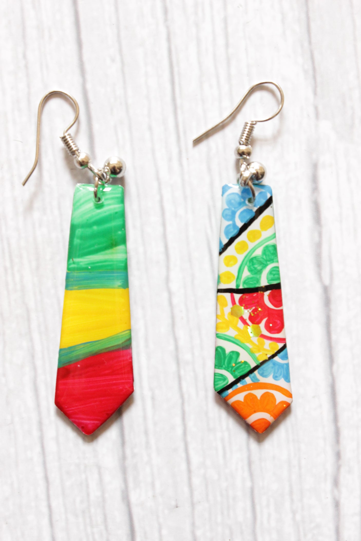 White and Multi-Color Hand Painted Flower Motifs Long Dangler Resin Earrings