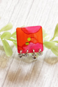 Pink and Orange Square Shape Hand Painted Resin Earrings with Metal Ghungroo Beads Accents
