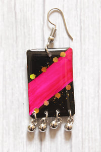 Black and Pink Hand Painted Shape Resin Earrings with Metal Ghungroo Accents