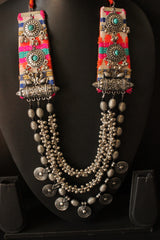 Premium Oxidised Finish 3 Layer Necklace Embellished with Fabric Handcrafted Accents