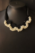 Load image into Gallery viewer, Black Fabric Choker Necklace Set with Stud Earrings Embellished with White Festive Beads
