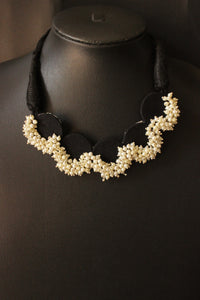 Black Fabric Choker Necklace Set with Stud Earrings Embellished with White Festive Beads