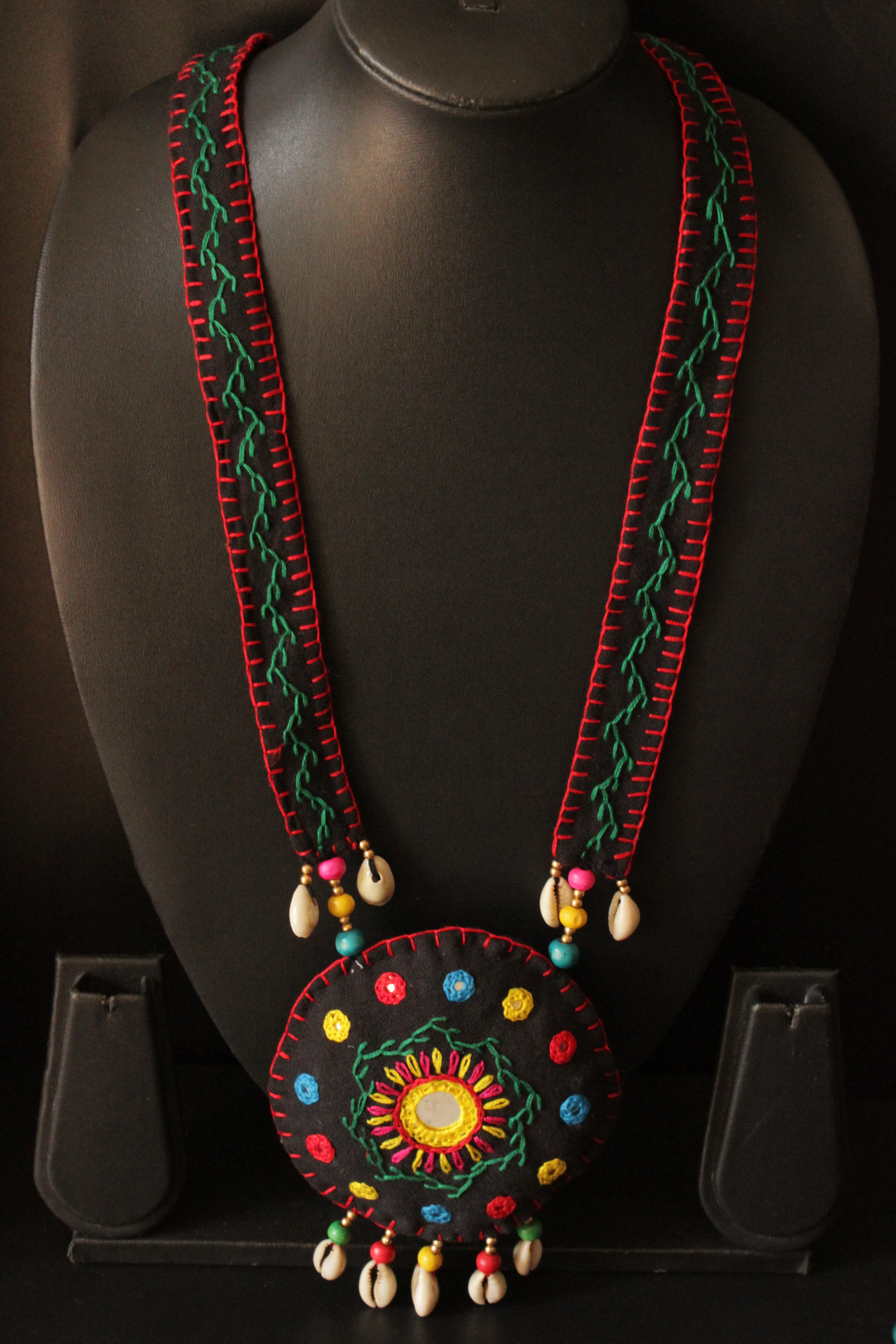 Black and Multi-Color Fabric Cross-Stitched Handcrafted Tribal Collar Necklace