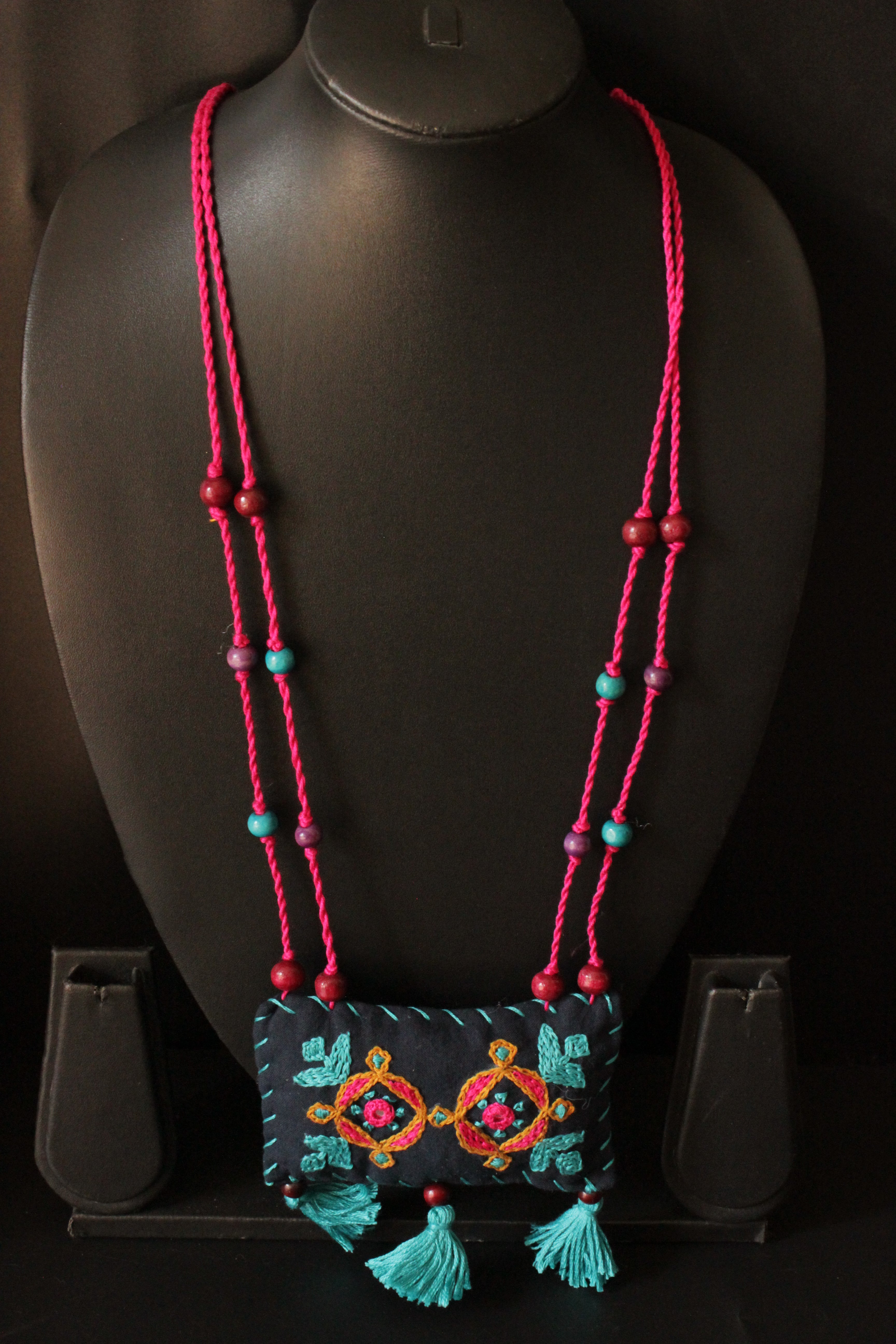 Black and Multi-Color Cross-Stitch Handcrafted Rope Closure Handcrafted Fabric Necklace