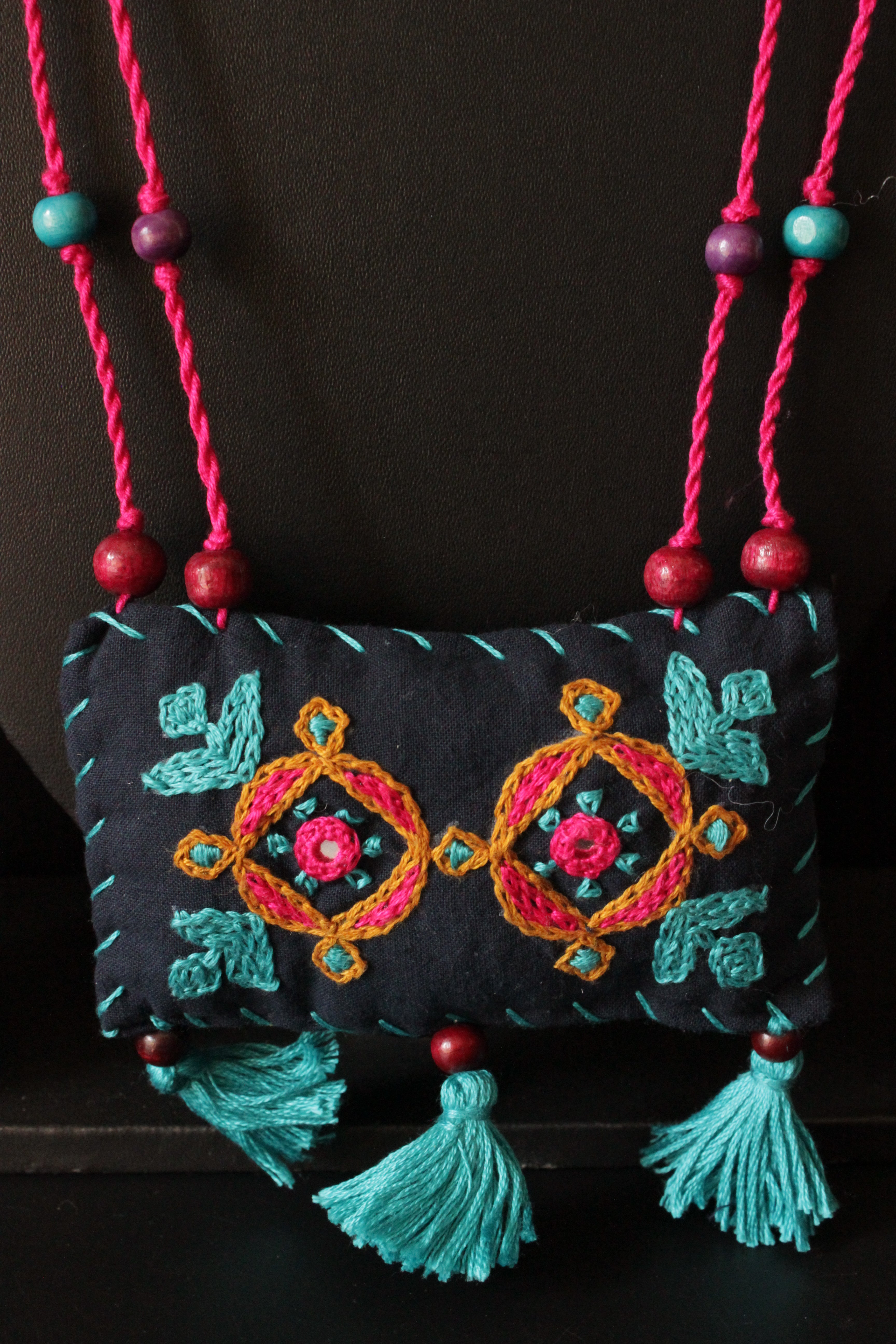Black and Multi-Color Cross-Stitch Handcrafted Rope Closure Handcrafted Fabric Necklace